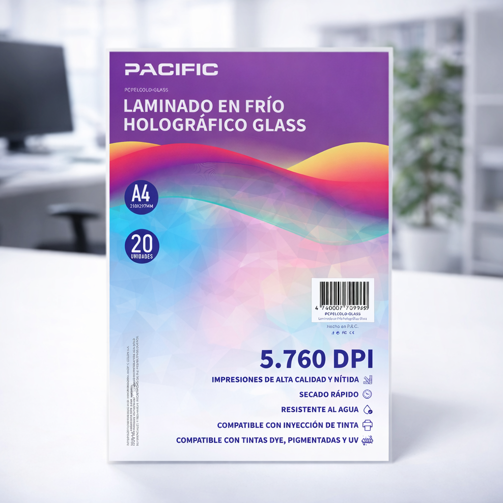 Laminado en Frío Holográfico Glass PACIFIC A4 (20 Hojas) – Acabado Brillante para Stickers, Impresiones y Manualidades