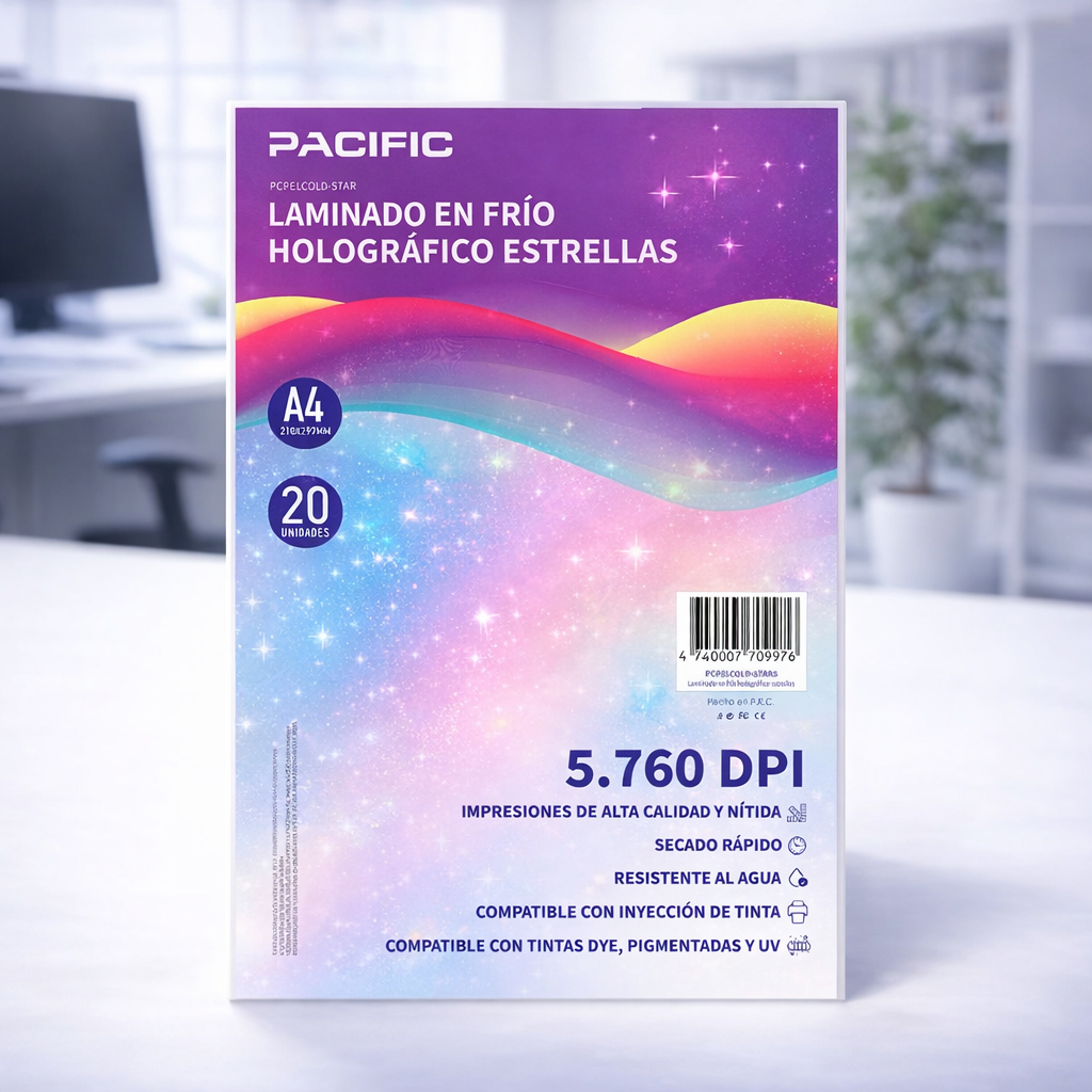 Laminado en Frío Holográfico Estrellas PACIFIC A4 (20 Hojas) – Papel Decorativo para Stickers, Manualidades y Papelería Creativa