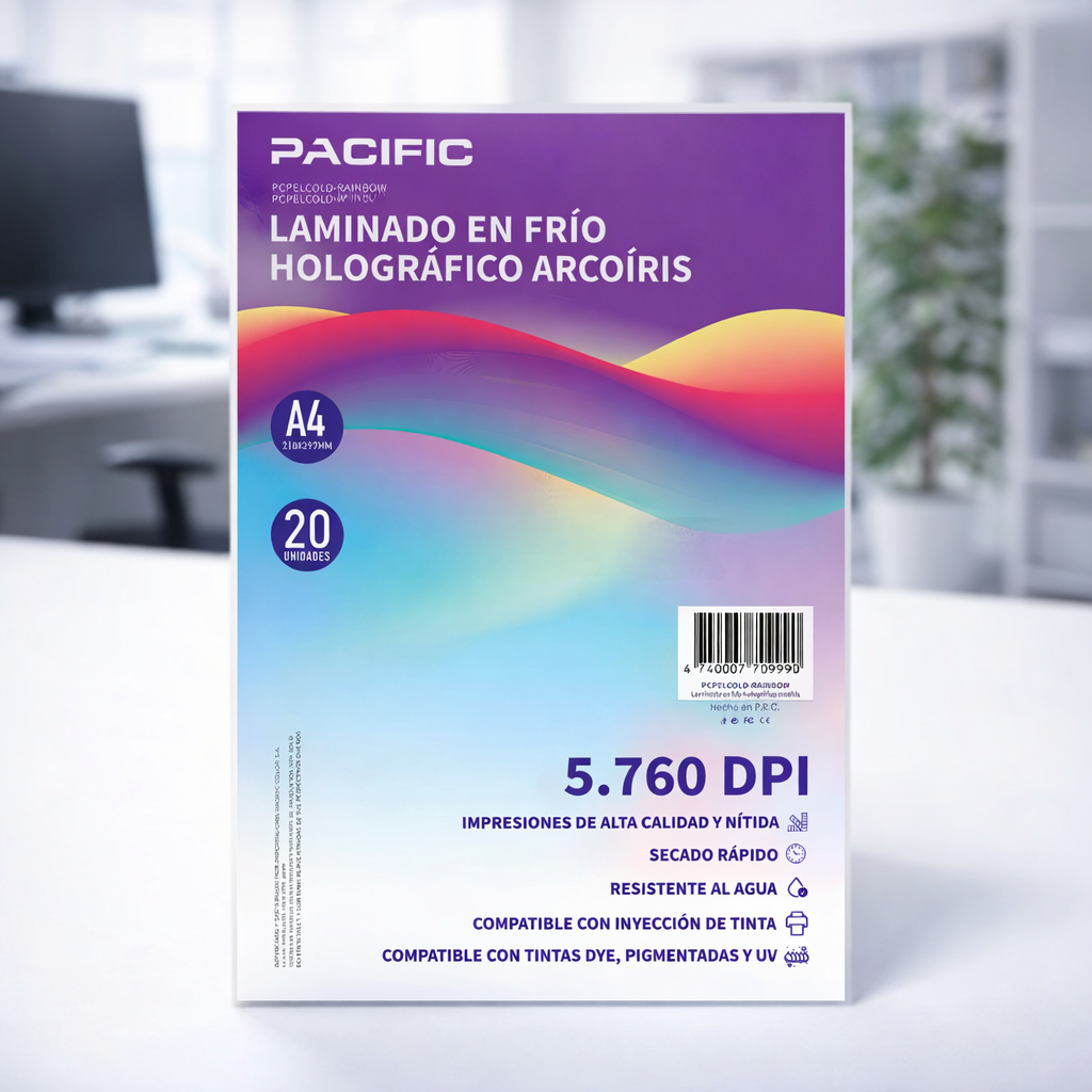 Laminado en Frío Holográfico Arcoíris PACIFIC A4 (20 Hojas) – Protección y Acabado Brillante para Stickers, Impresiones y Manualidades